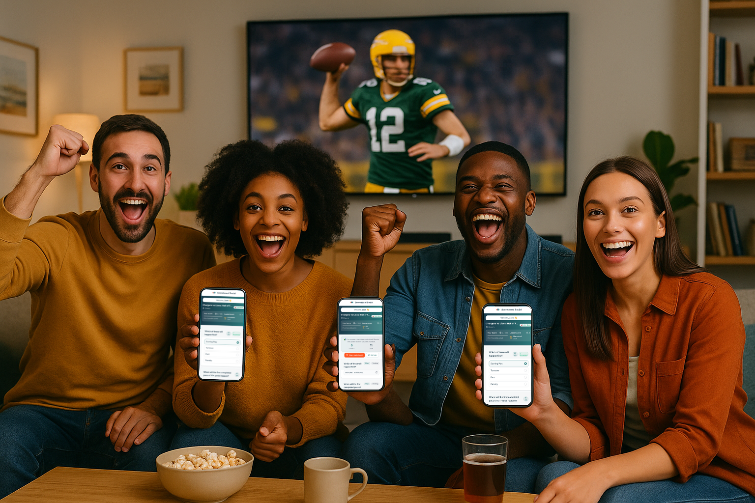 Friends watching game day party with Scoreboard Social on their phones